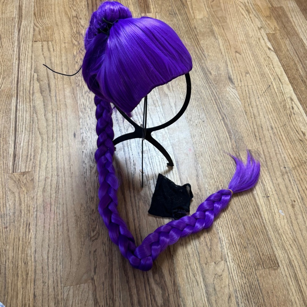 Purple Cosplay Wig with Long Braid Claw Clip Attachment and Bangs K-pop